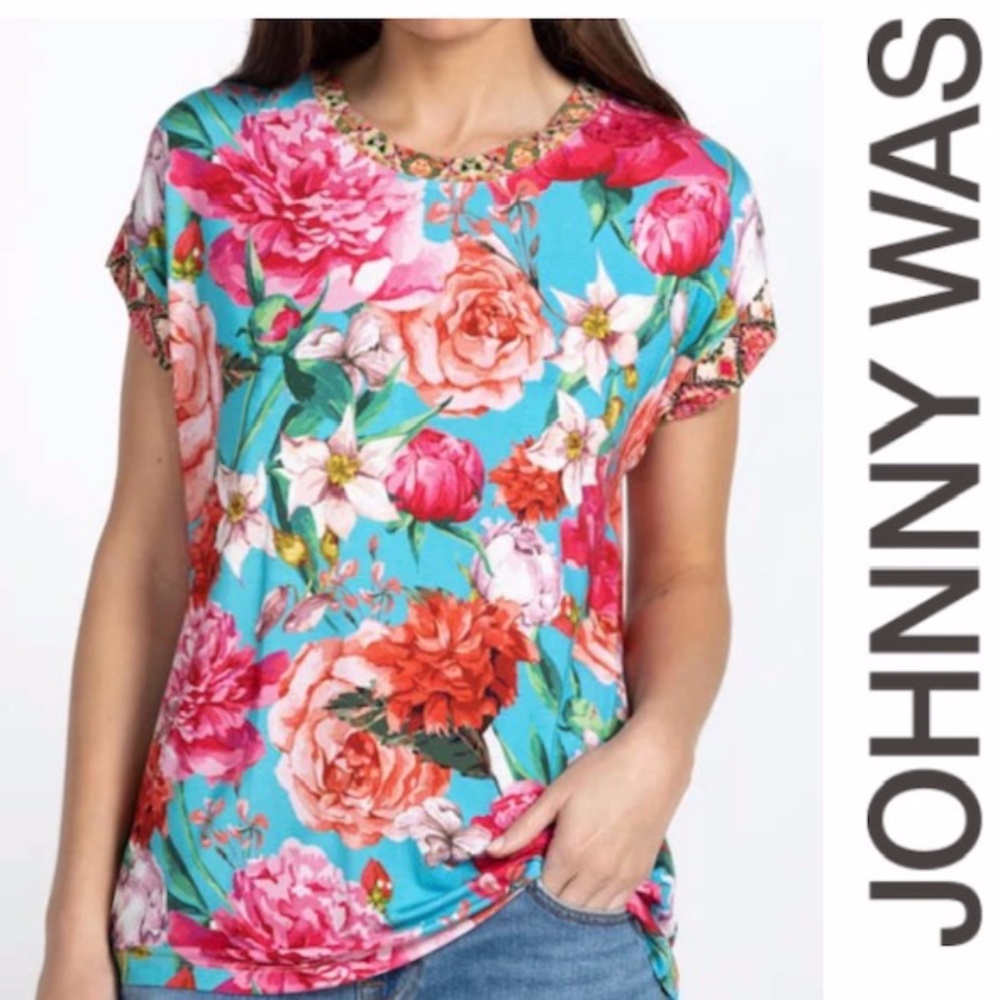 NWT JOHNNY WAS PINK ROSE RELAXED TEE Size M